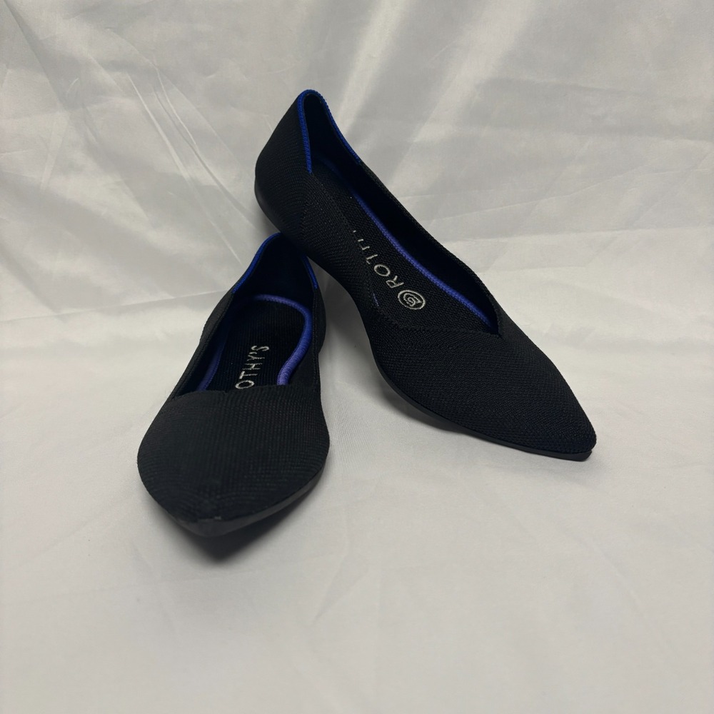 Rothy's Black Pointed Knit Flats with Blue Trim